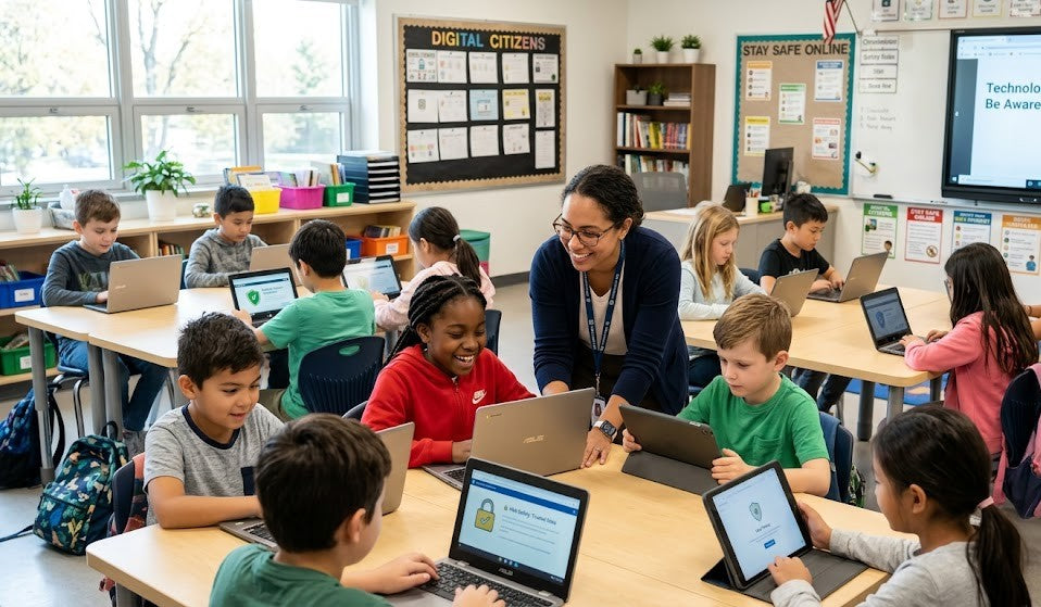 Realistic classroom scene with diverse school-age children using laptops and tablets while a teacher guides them, digital safety icons subtly displayed on screens, modern bright classroom