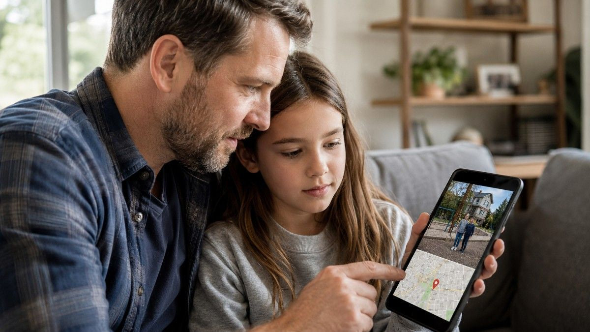 Parent and daughter reviewing a photo’s location data and map pin on a smartphone at home.