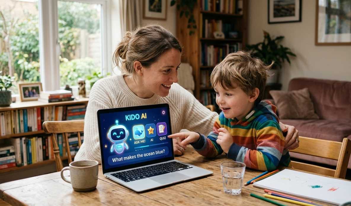 Parent and child using an educational AI app on a laptop.