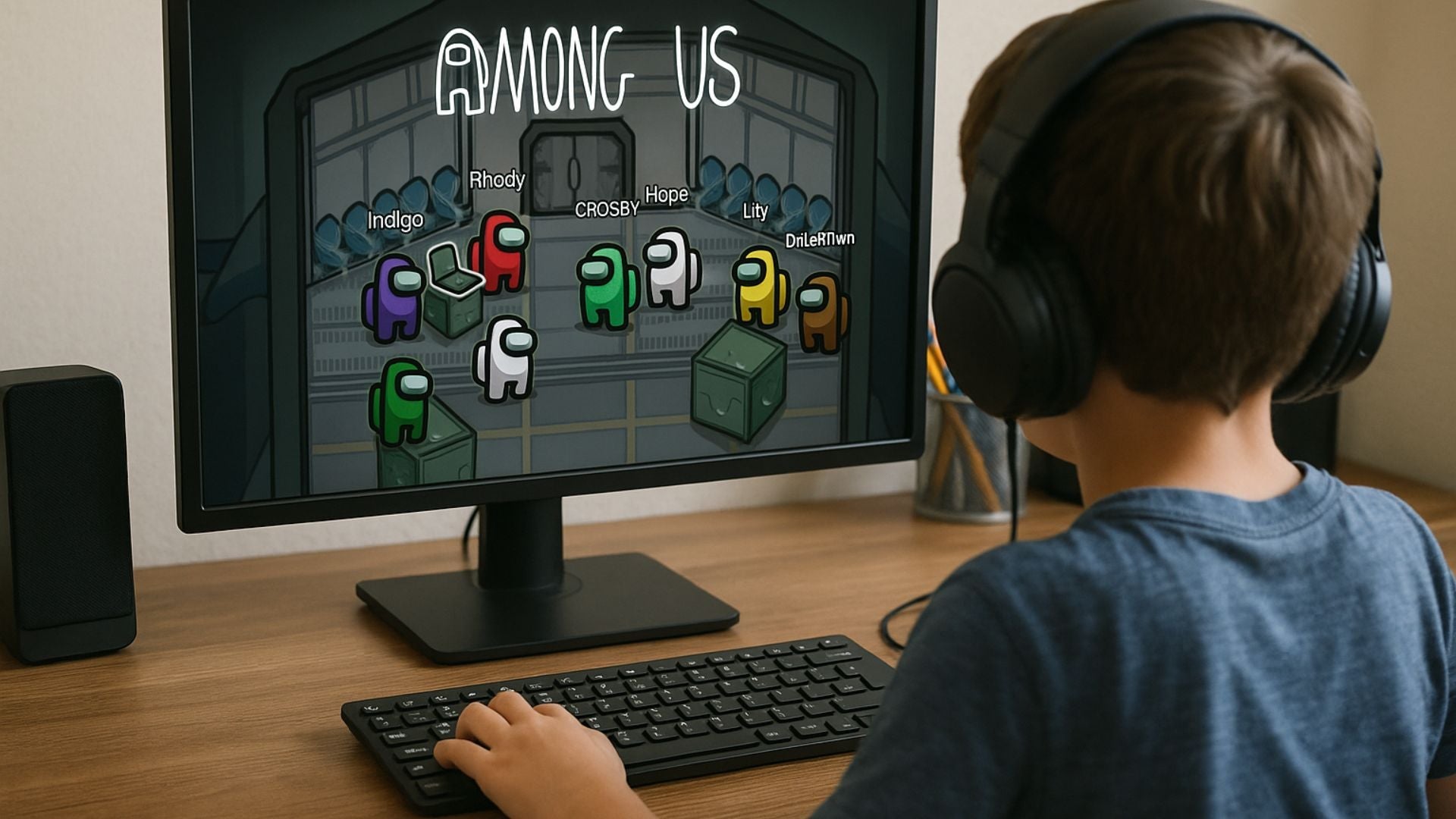 Boy concentrated on his computer screen, playing Among Us with friends 