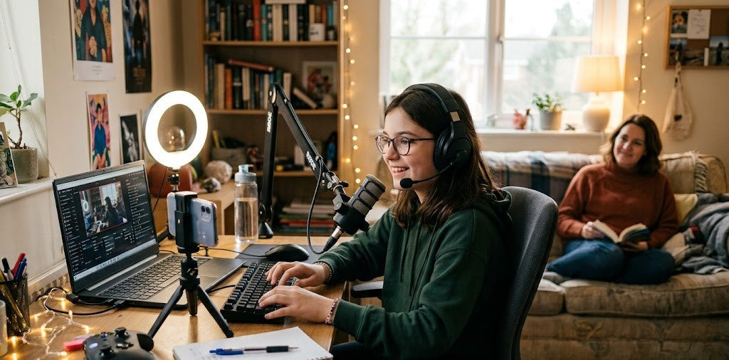 Kids livestreaming from a home setup with a webcam, headphones, and a parent nearby for support and online safety.