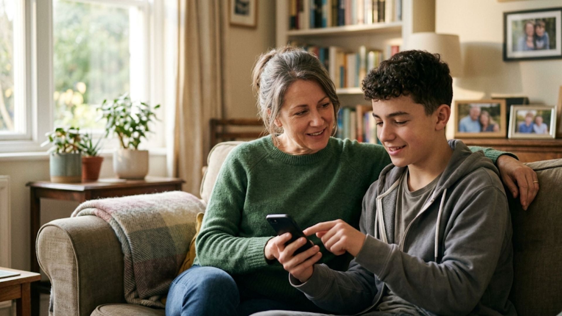 Parent and teen discussing location sharing boundaries on a smartphone”