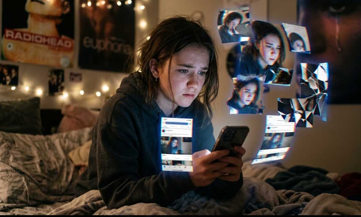 Teen looking at phone with cyberbullying messages around them.