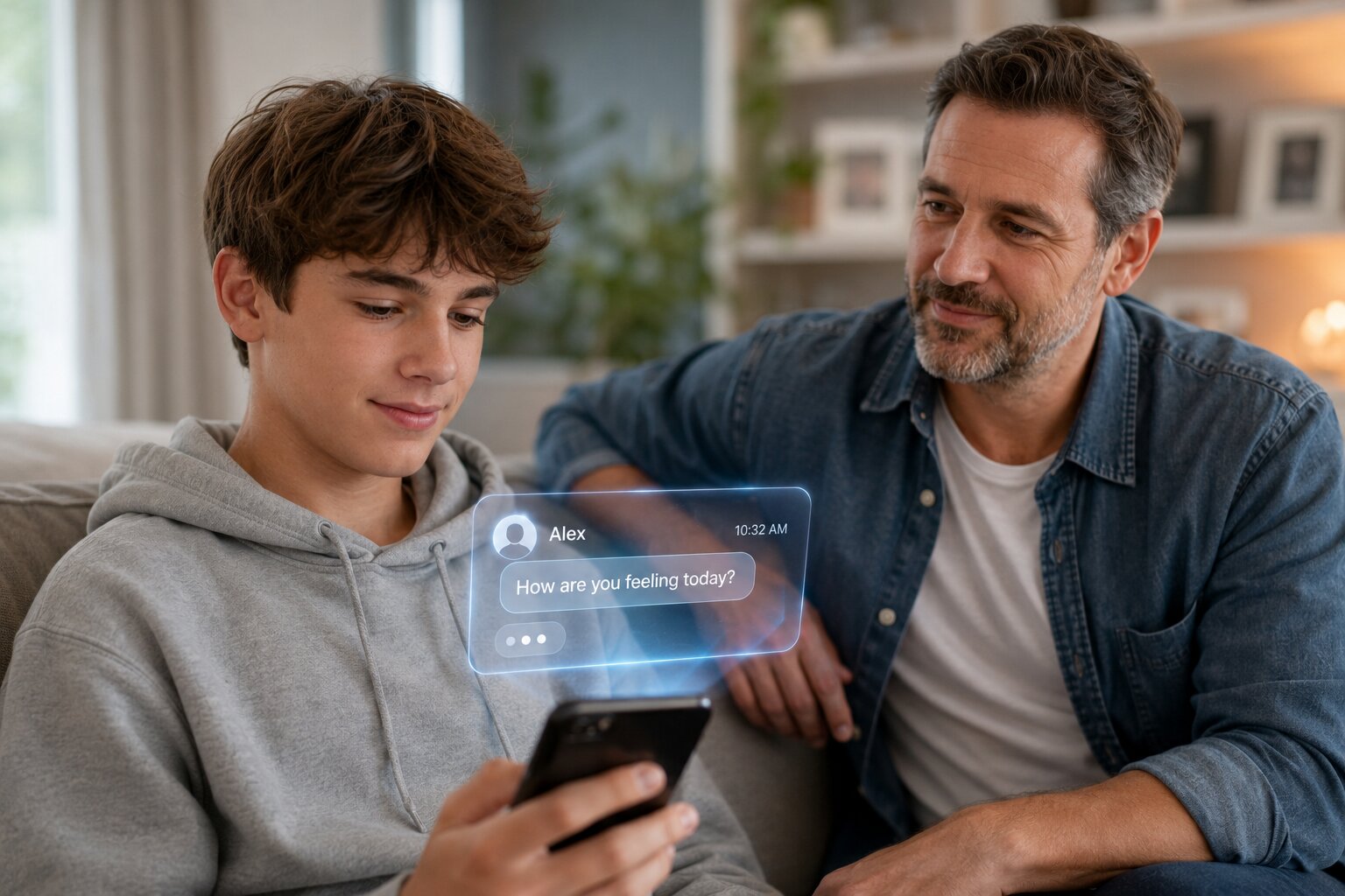 Teen using AI chatbot on smartphone while parent sits nearby in supportive home environment