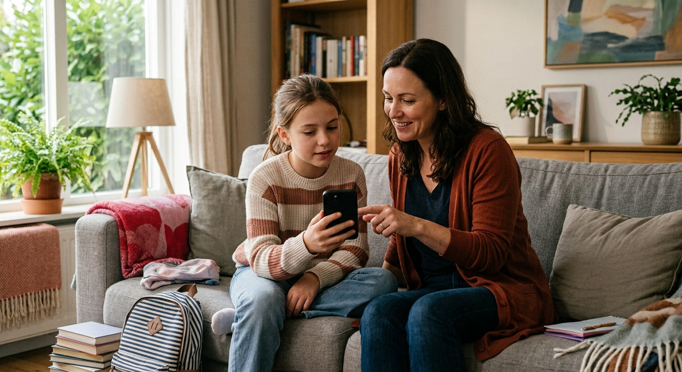 Parent and child looking at a smartphone displaying a realistic AI influencer while discussing online content and digital trust.