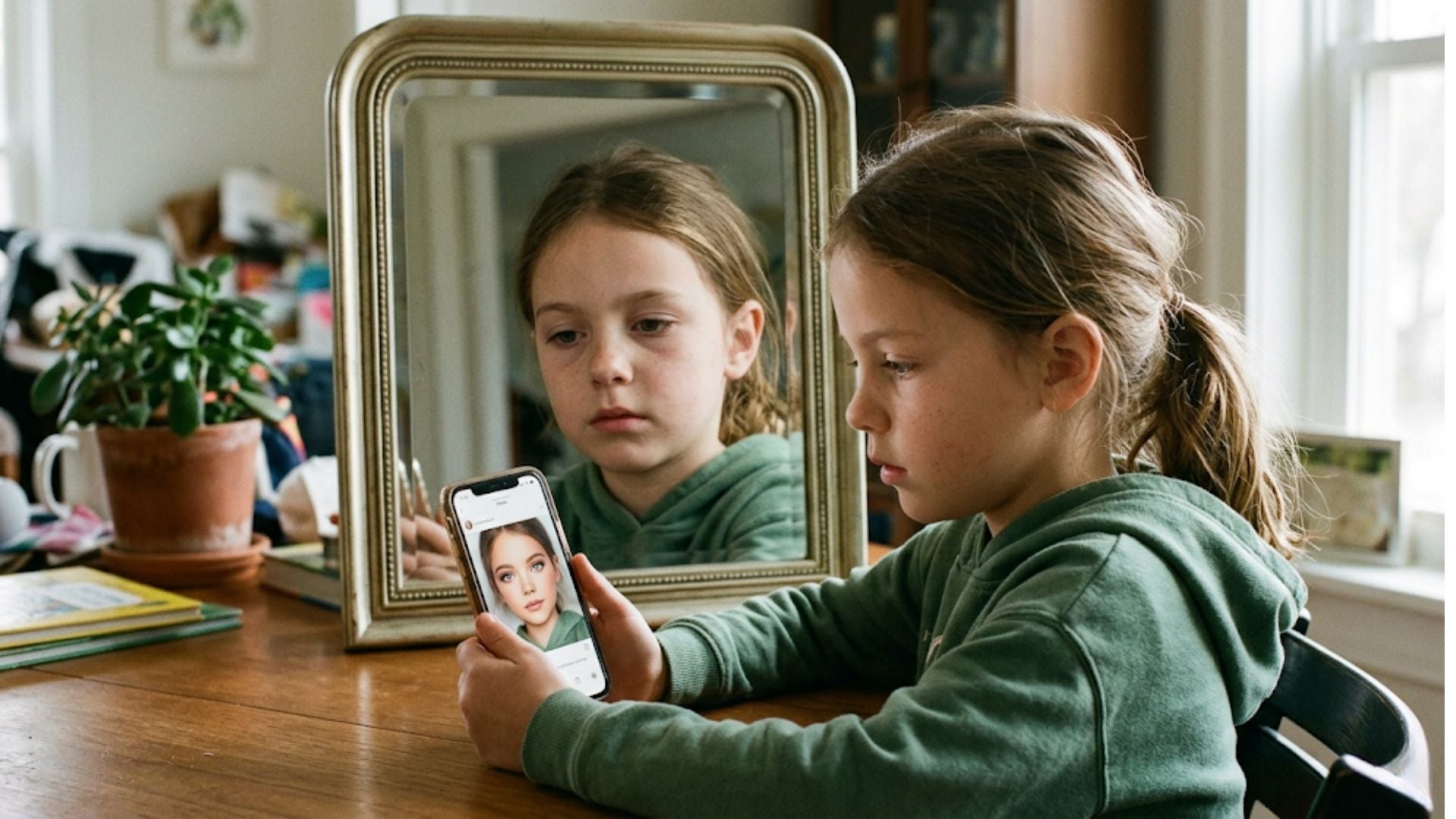 Child comparing their real reflection to an AI-edited image on a smartphone screen