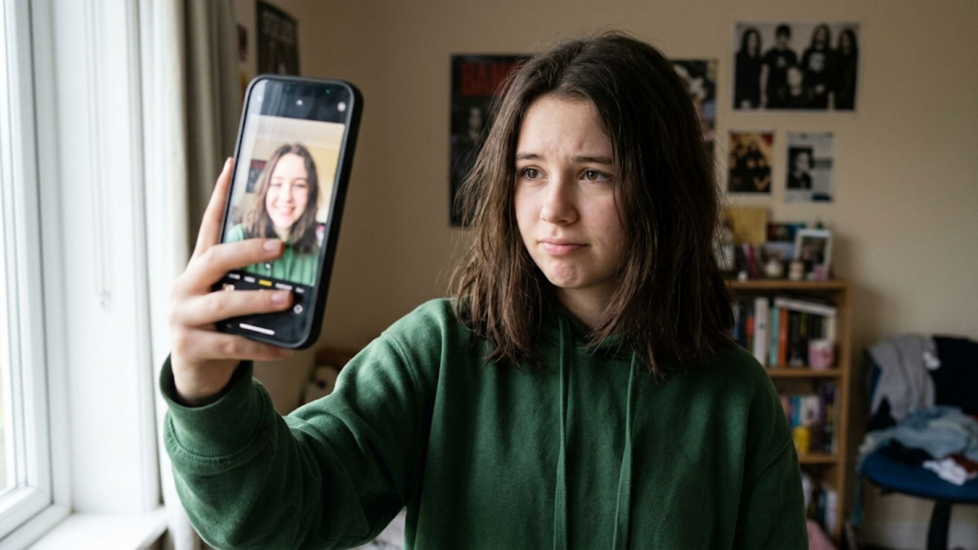 kid taking selfie showing contrast between social media image and real emotions