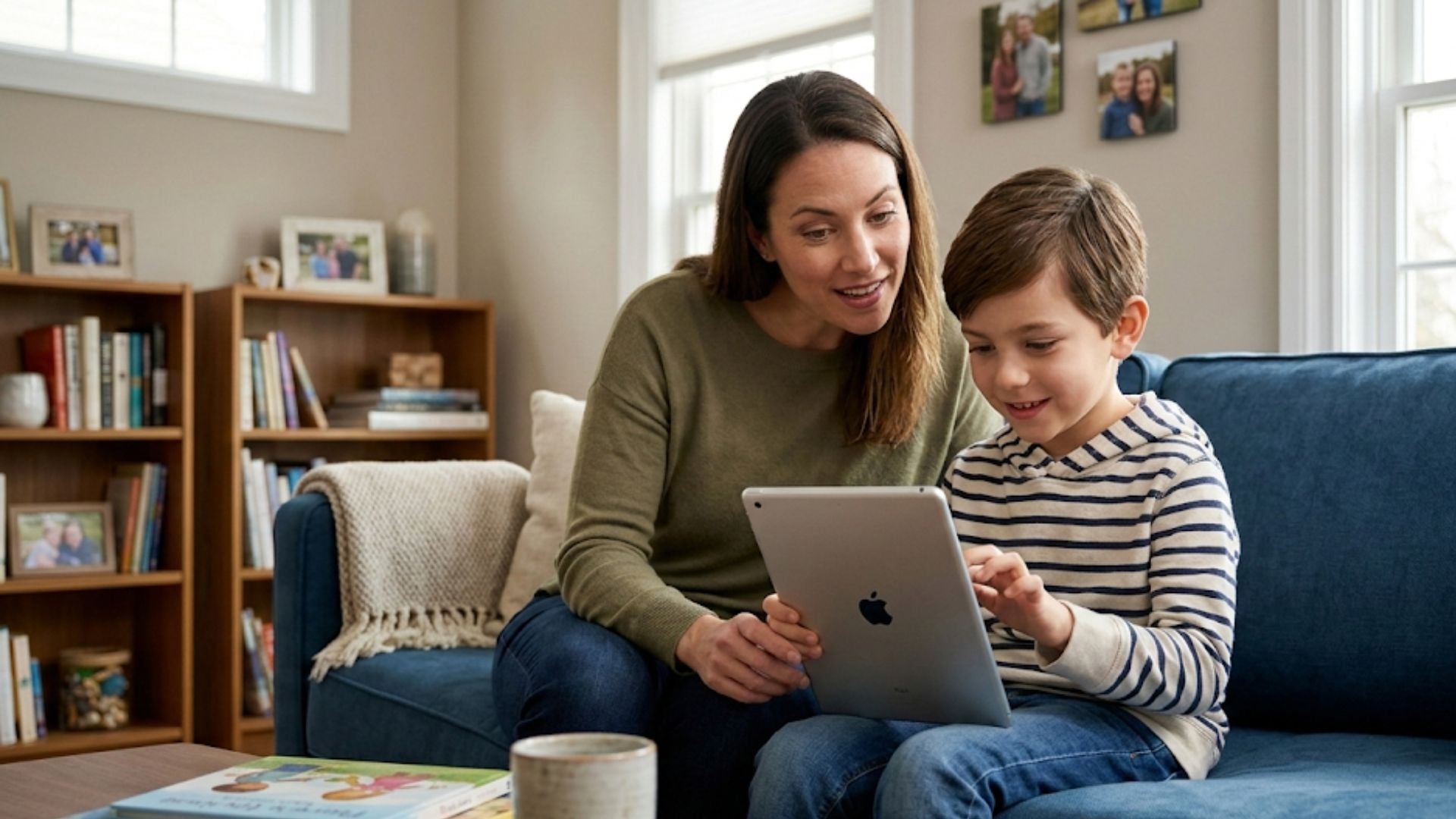 Woman and young boy sitting on a couch together, looking at and using a tablet in a living room.