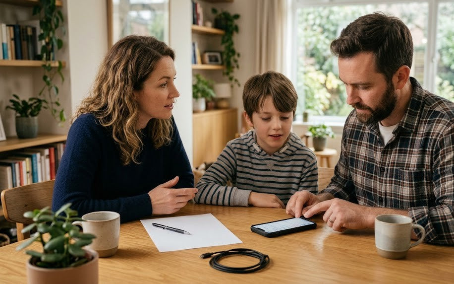 Parents discuss safety and settings with their child before giving them their first smartphone at the family table.