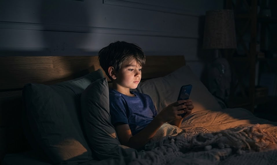 Child using smartphone in bed at night.