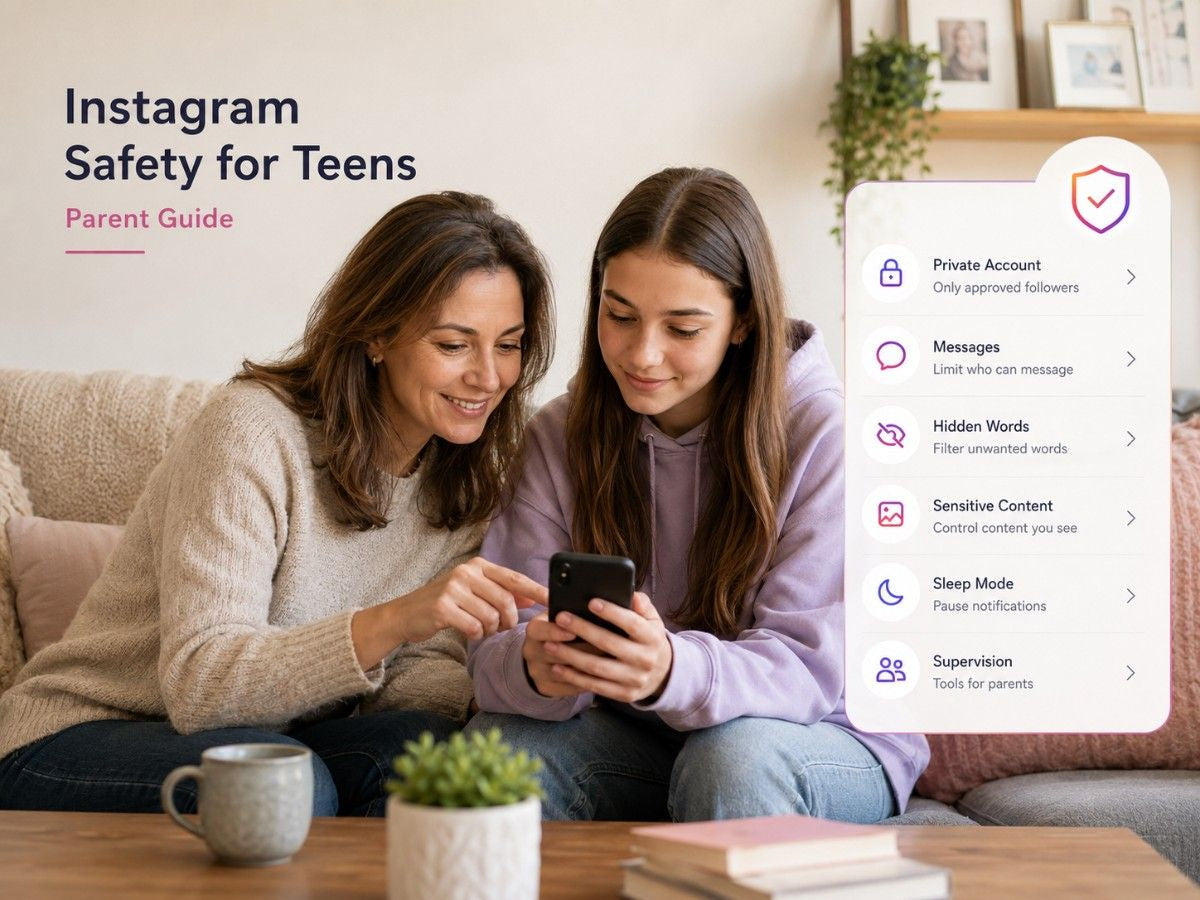 Parent and teen review Instagram safety settings together, showing privacy, messaging, content, sleep, and supervision tools.