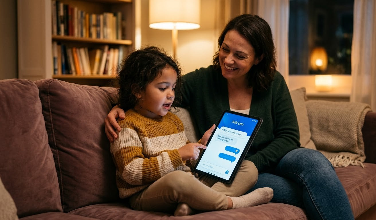 A child asking questions to a digital AI assistant on a tablet while a parent smiles reassuringly nearby, cozy indoor setting, warm lighting, emphasis on trust, guidance, and curiosity,