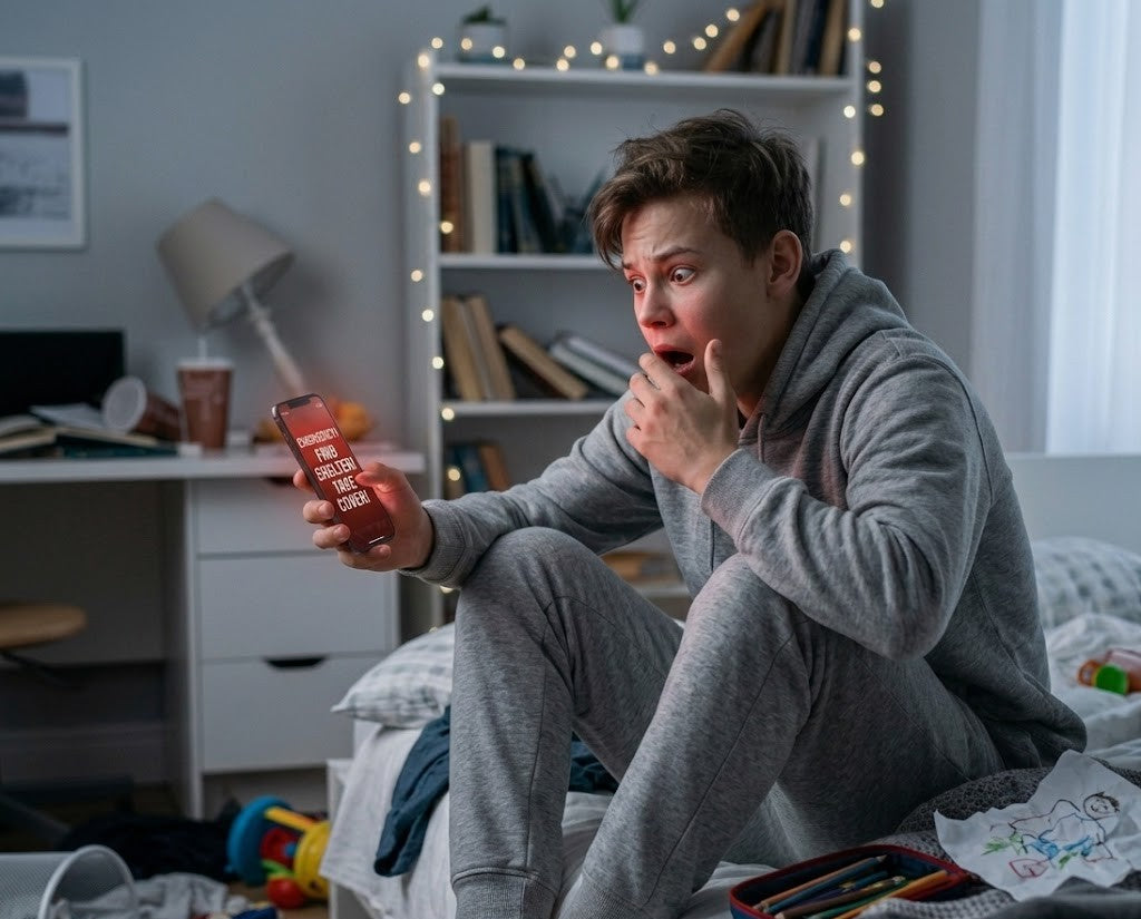 Teenager sitting on a bed at night, anxiously holding a smartphone with the screen turned away, lit by soft room lighting.