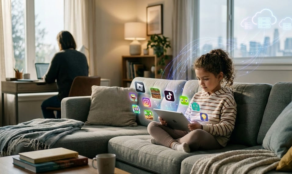Child using a tablet while invisible data streams flow from apps to cloud servers, illustrating how apps collect kids’ data without parents noticing.